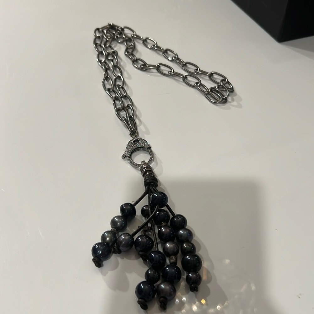 Long necklace with diamond clasp to hang charms plus pearl attachment